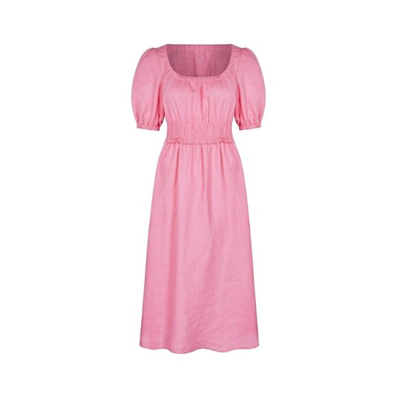 Aligne Women US4 Fuscha Pink Frederika Dress Smocked Puff Sleeve Pckt Linen Maxi - Picture 5 of 15